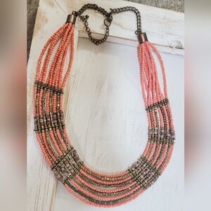 Coral Brown Brass Layered Seed Bead Statement Necklace